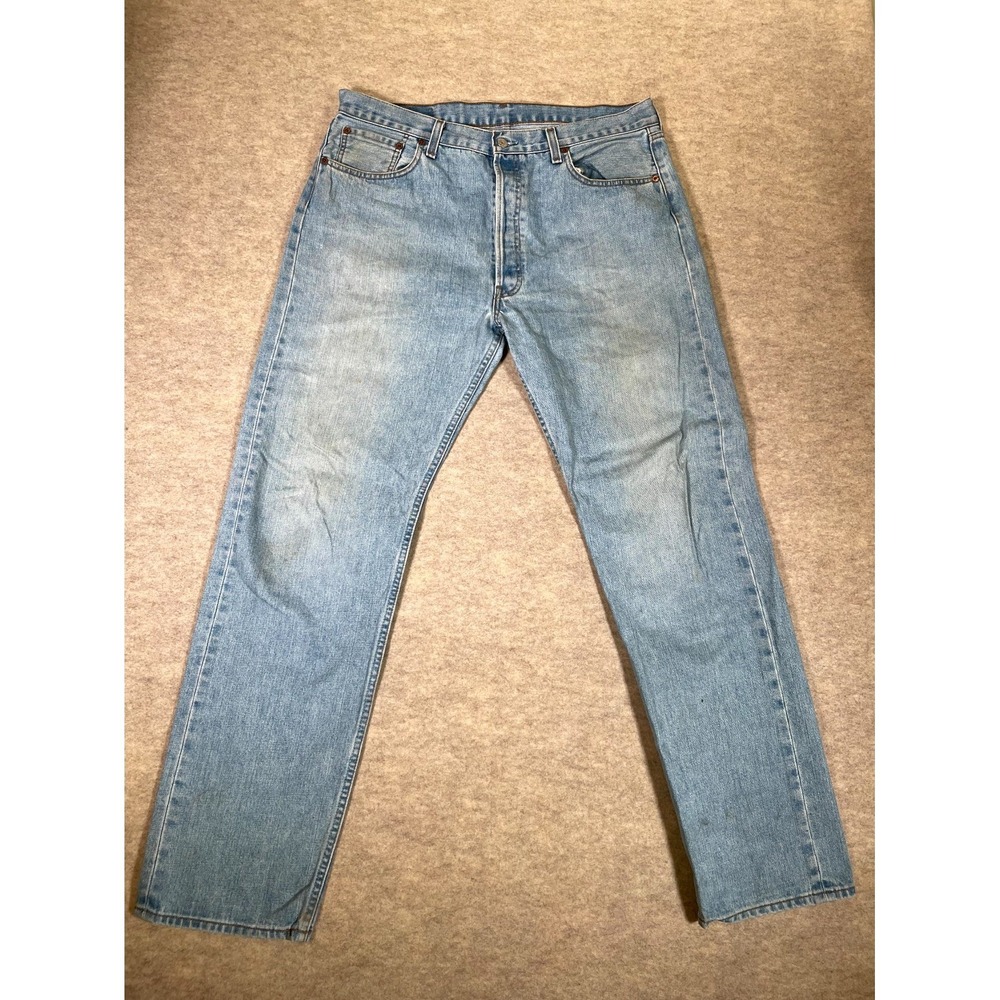 Levis 501 Original Fit Jeans Mens 38x34 Blue Denim Cotton Light Wash High‎ Rise
